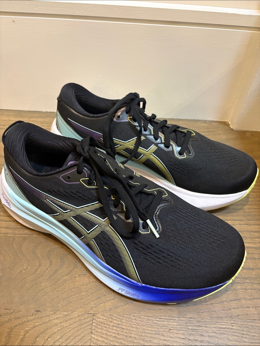 Women’s ASICS Pure Gel Kayano 30 Black Running Shoes with Yellow & Blue Accents